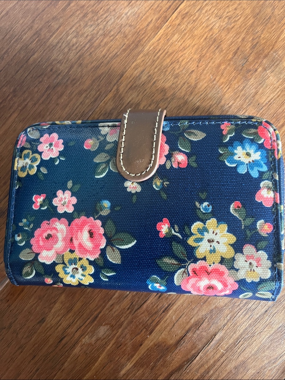 Navy Floral Zip Wallet with Brown Tab